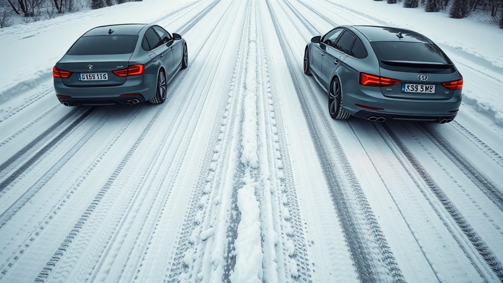 눈 덮인 도로 위에서 사계절 타이어와 윈터 타이어의 접지력 차이를 시각적으로 보여주는 비교 이미지