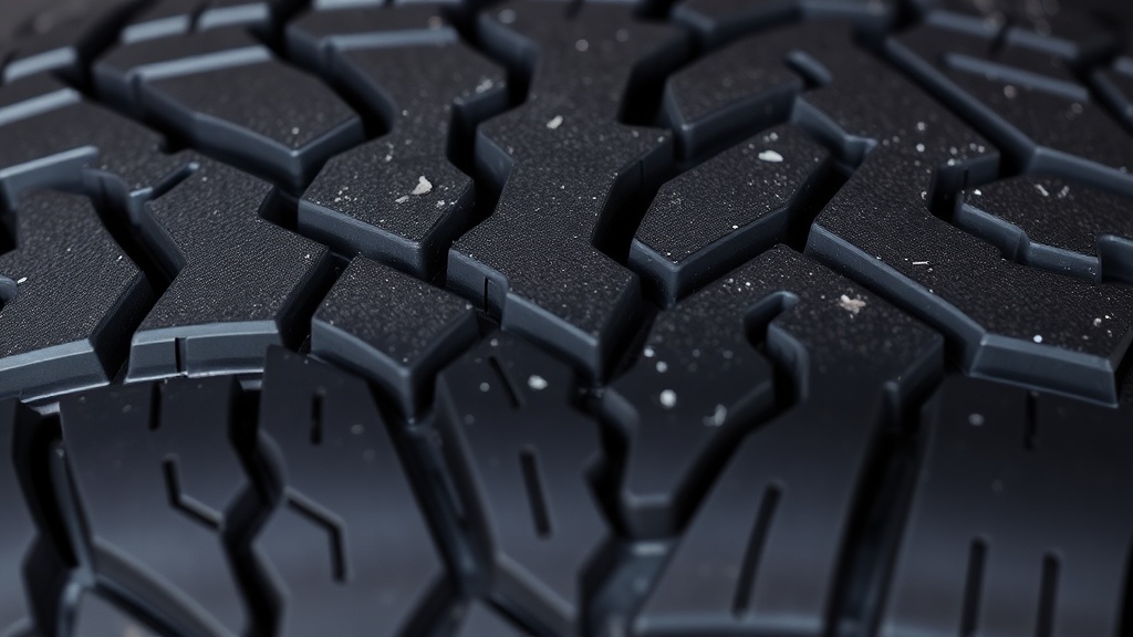 타이어 표면의 복잡한 트레드 패턴과 미세한 홈인 사이프를 가까이서 관찰하는 모습