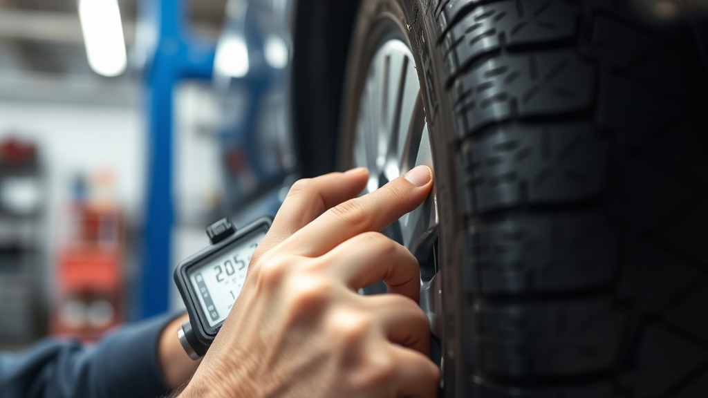 자동차 정비소에서 전문가가 타이어의 트레드 깊이를 정밀하게 측정하고 있는 모습