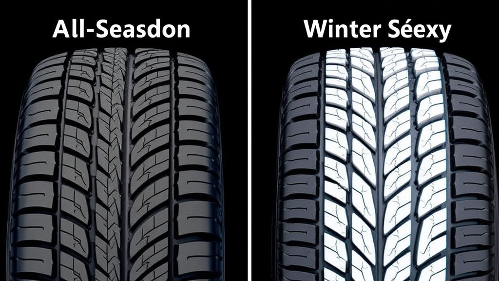 사계절 타이어와 윈터 타이어의 트레드 블록 구조를 나란히 비교하여 사이프 밀도 차이를 보여주는 그래픽