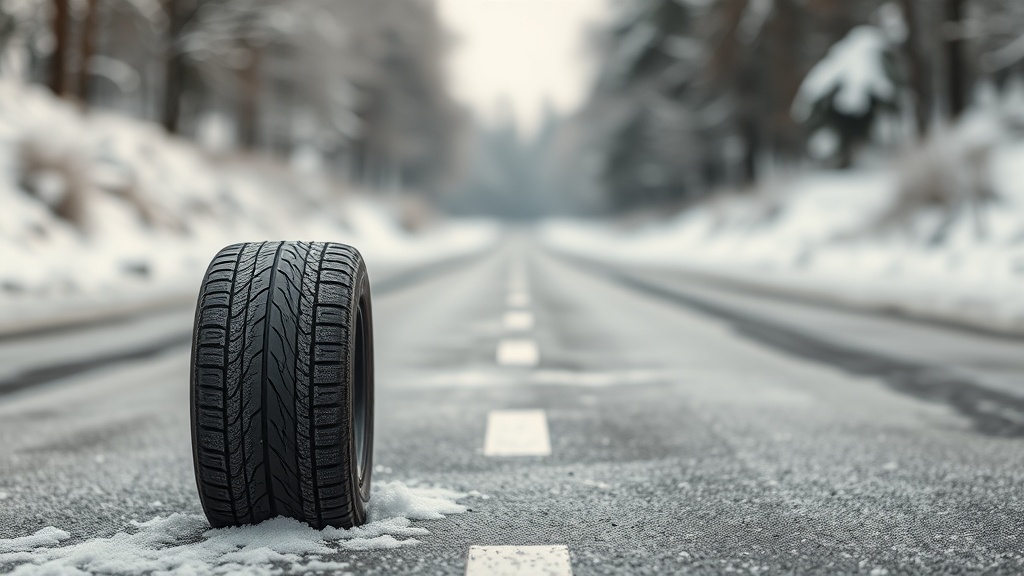 눈 덮인 겨울 도로와 마른 아스팔트 도로가 교차하는 배경 앞에 놓인 자동차 타이어의 모습