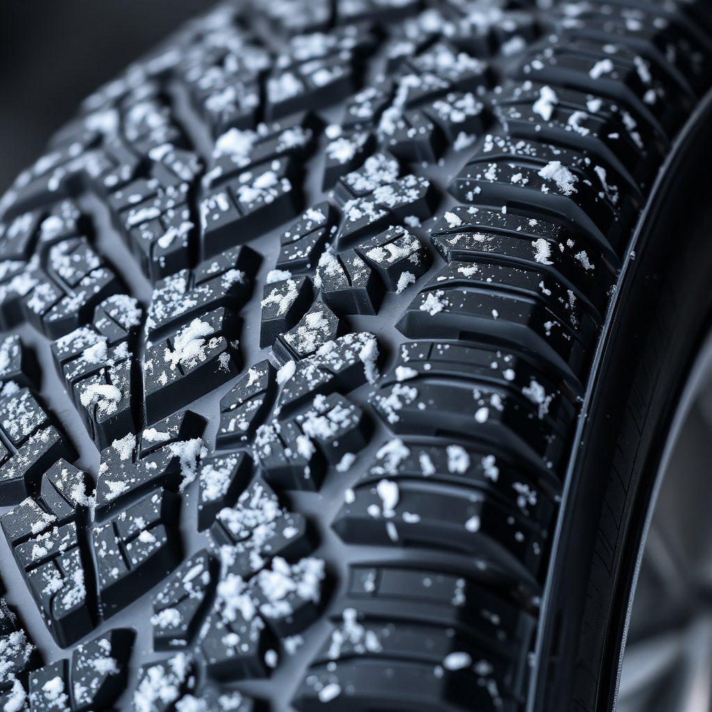 눈길에서 접지력을 확보하기 위해 설계된 윈터 타이어의 미세한 사이프와 깊은 홈의 상세 모습